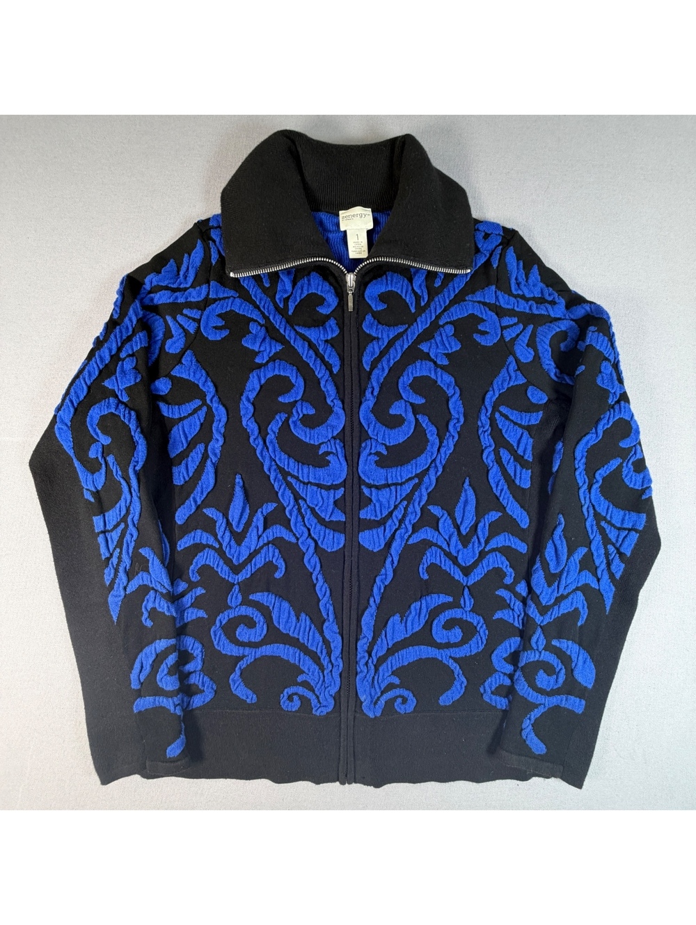 Chico’s Zenergy Damask Jacket Women's Size 1 M Black Blue Chenille Zip Sweater